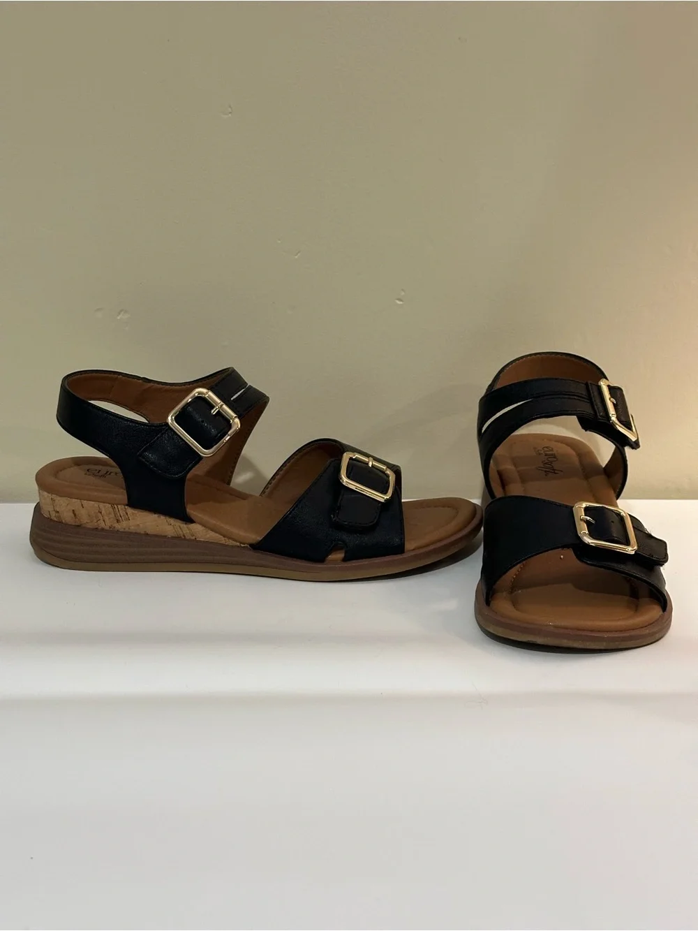 Black Buckle Comfort Wedge Sandals